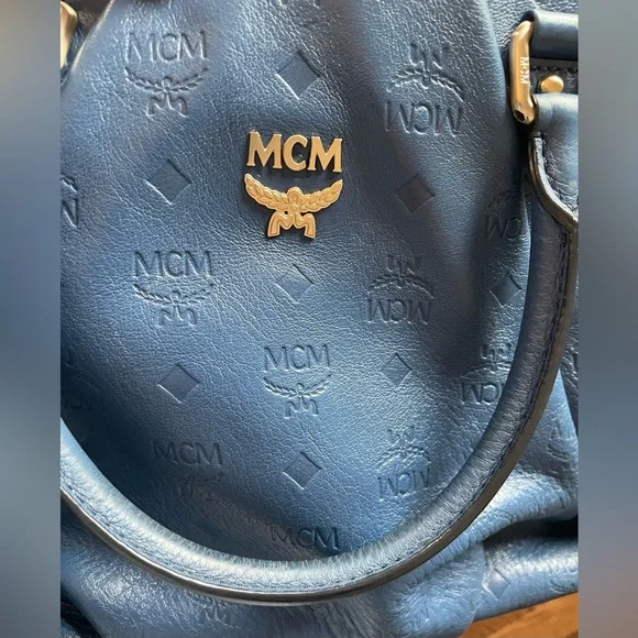 MCM Embossed Blue Leather Bag with original crossbody strap